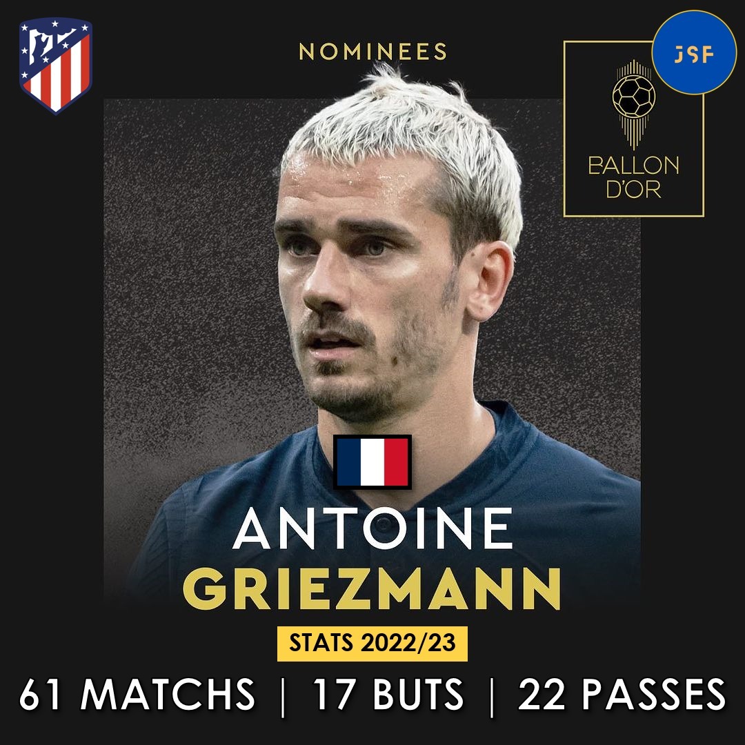 🇫🇷 Félicitations à Antoine Griezmann qui est nominée pour la 5eme fois au Ballon d'Or 🏅 

#AntoineGriezmann #griezmann #equipedefrance #edf #atleticomadrid #atletico #mbappe