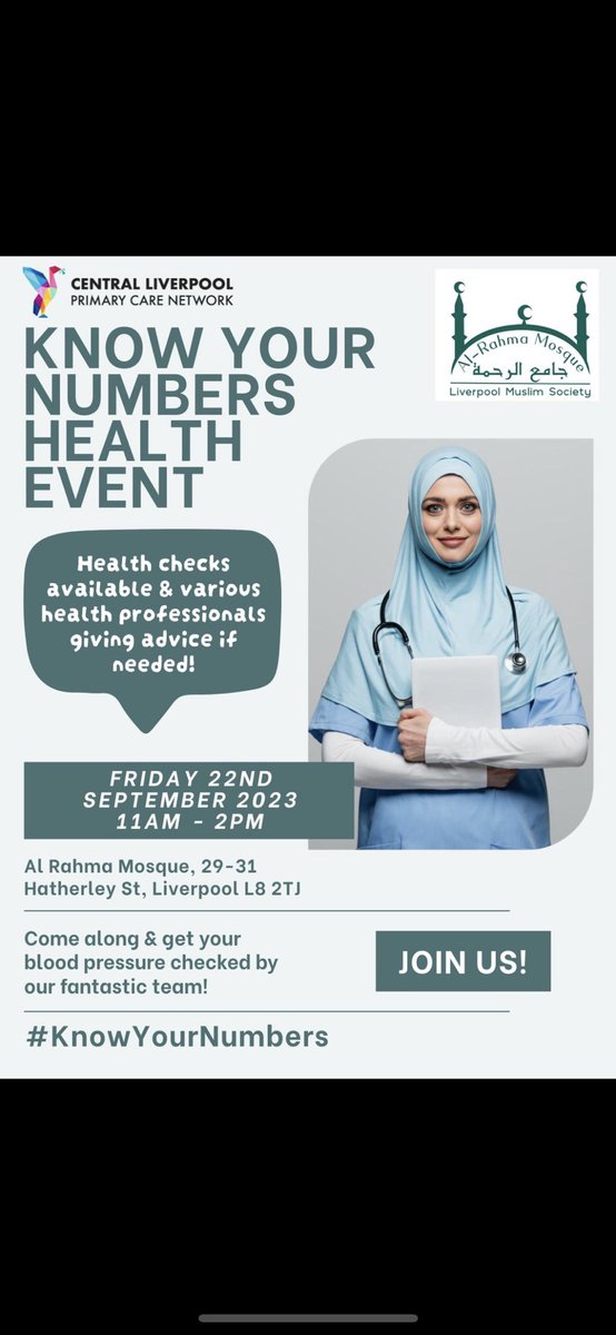 Come join our fantastic team on 22nd September at Al Rahma Mosque for our ‘Know Your Numbers Health Event’ There will be Blood Pressure &amp; Health Checks, along with Medical Advice! See details below⬇️🩺 #KnowYourNumbers <a href="/CaitGp/">Cait Taylor 💙</a> <a href="/LMS_ALRAHMA/">Liverpool Muslim Society</a>