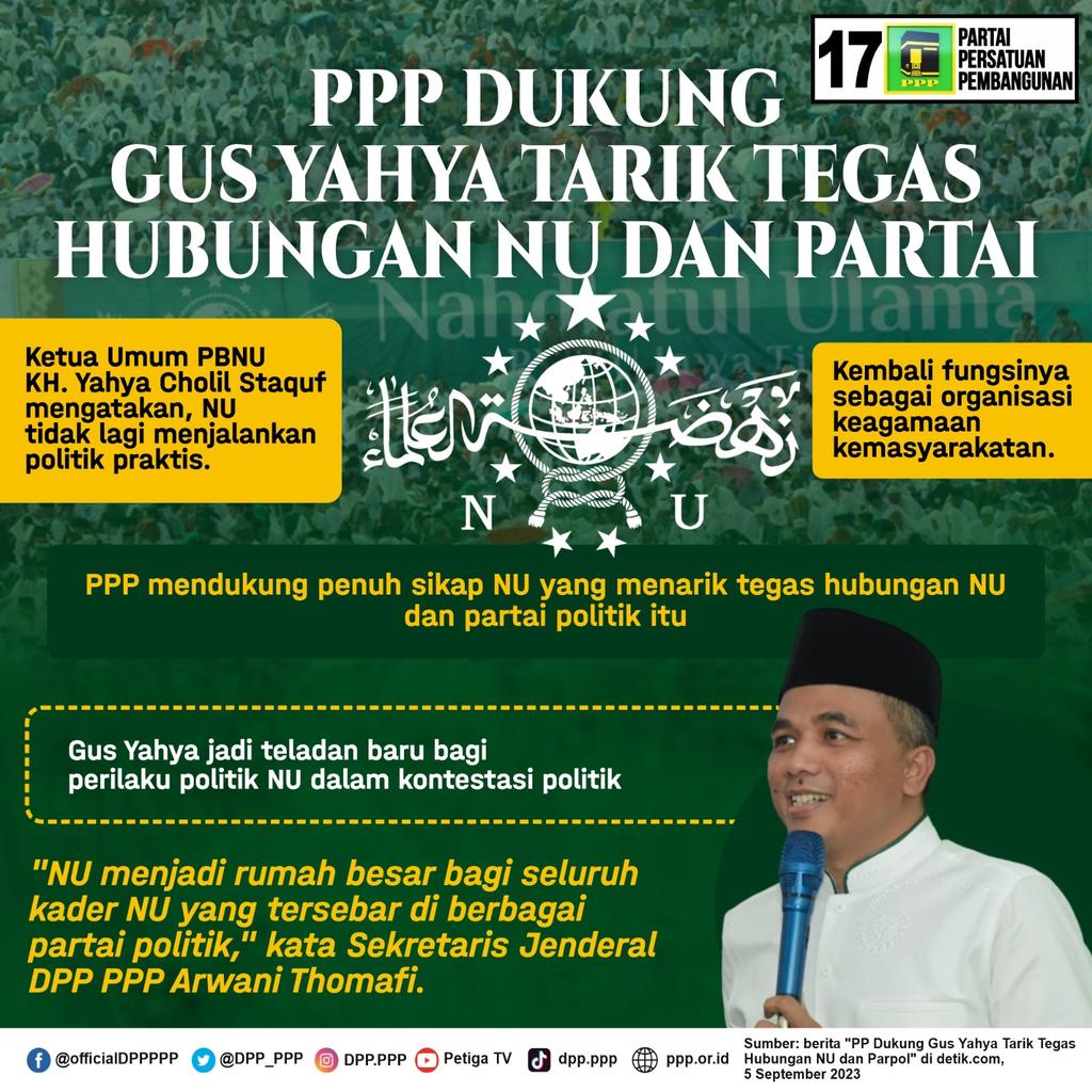 DPP_PPP's tweet photo. PPP Dukung Ketua Umum PBNU Gus Yahya Cholil Staquf tarik tegas hubungan NU dan Partai 

@nahdlatululama https://t.co/HxzEzpTdsA