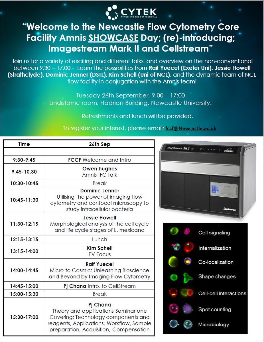 Very excited for the @NewcastleFCCF to be hosting the @CytekBio #imagingflowcytometry day with our Amnis showcase. A great line of up speakers and subjects. Please let us know if you would like to attend @nubiosciences #flowcytometry #singlecellanalysis @NCL_IMA @nu_scan