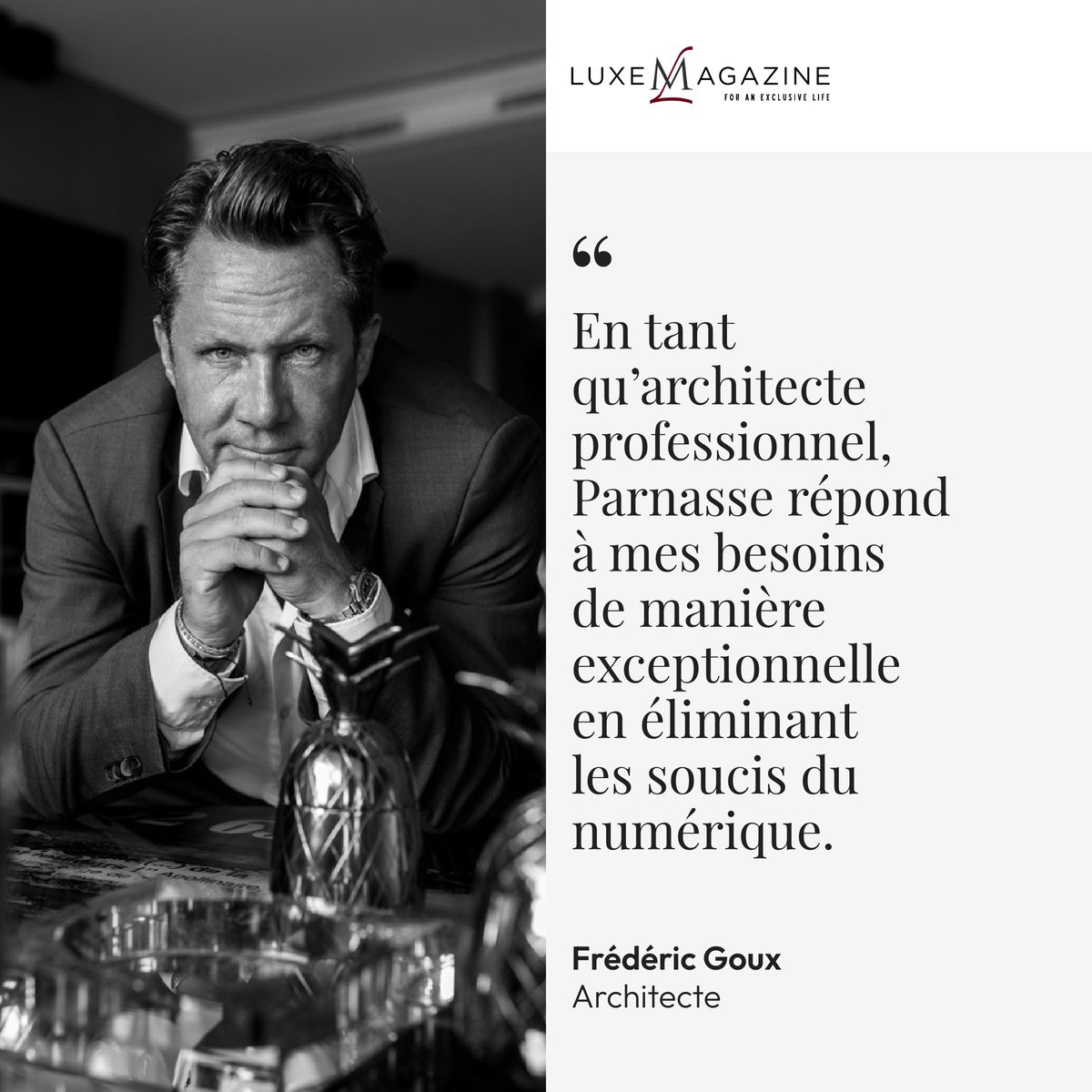 parnasse's tweet photo. Le service numérique d’excellence @Parnasse raconté par ceux qui le vivent au quotidien.

Découvrez le témoignage dans @LuxeMagazineCom de Frédéric Goux, brillant architecte dont les réalisations fleurissent aux quatre coins du monde : https://t.co/xLm2YVmyvc
#Architecte #Luxe https://t.co/EBg4nvZYiS