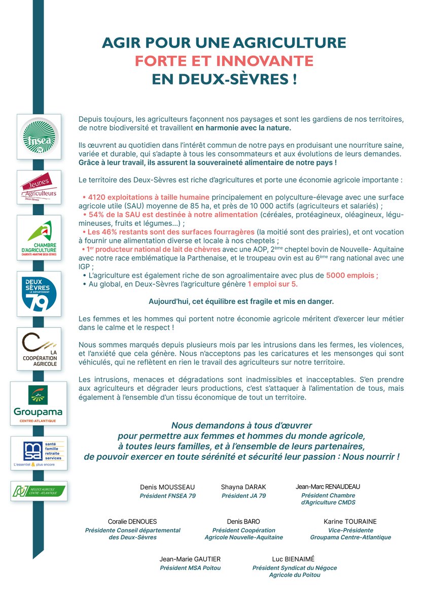 🟢 AGIR POUR UNE AGRICULTURE FORTE ET INNOVANTE EN DEUX-SEVRES ! 🟢
👉 Telle est la devise de nombreux acteurs du territoire qui s'engagent quotidiennement au service de l'agriculture française ! 🇫🇷

<a href="/FNSEA/">La FNSEA</a> <a href="/JeunesAgri/">Jeunes Agriculteurs</a>