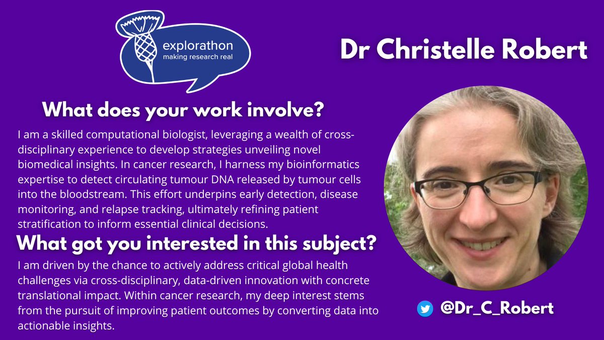 Say hello to <a href="/Dr_C_Robert/">Christelle Robert</a> , a computation biologist exploring how to detect tumour DNA released into the bloodstream!

Taking data and converting it into action! Amazing stuff!

#SRS23  <a href="/ernscot/">Explorathon</a>
