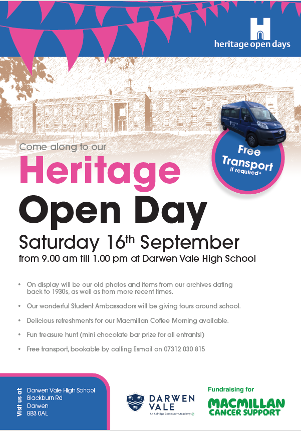 DarwenVale's tweet photo. Come along to our Heritage Open day on 16th September 9:00-1:00pm.  On display will be our old photos and items from our archives dating
back to 1930s, as well as from more recent times. Delicious refreshments, fun treasure hunt and free transport available https://t.co/jmMWejolih