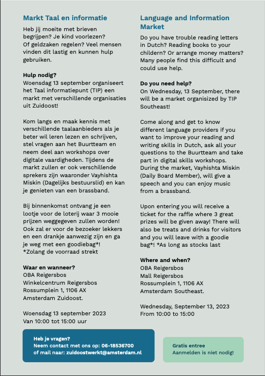 VenzoSwazoom's tweet photo. Kom je ook op woensdag 13 september naar de Taalinformatiemarkt in de OBA Reigersbos? Je kan er kennis maken met verschillende taalaanbieders, er zijn workshops, een loterij en muziek. Wij staan er ook! Bekijk de flyer voor meer informatie. https://t.co/Tze5SR9Sci