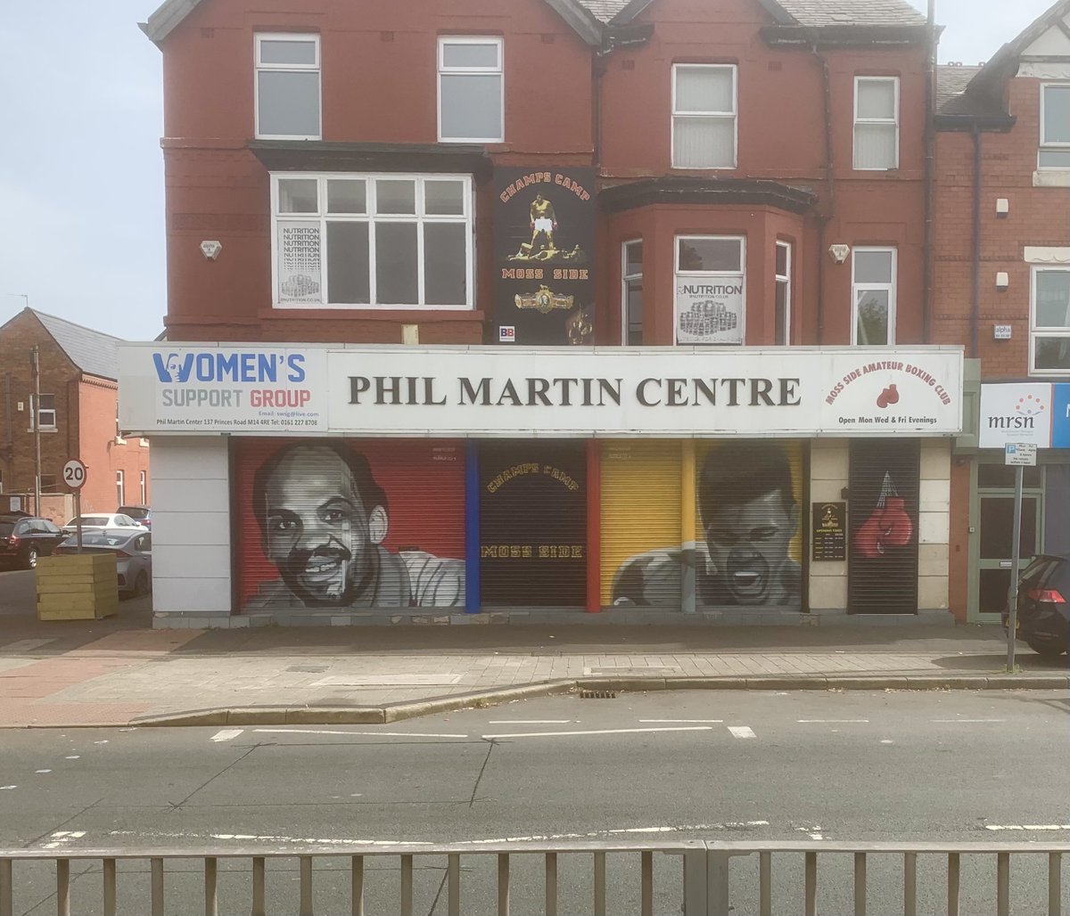 MCRMurals's tweet photo. Great to paint at @ChampsCampUK / @GallaghersGym  in Moss Side. A mural to honour Phil Martin, who did so much for the local community alongside training multiple British champions. Thanks to @JoeG, Maurice and others at the club!

#philmartin #champscamp #gallaghersgym #boxing https://t.co/A6EE6c0Xcq