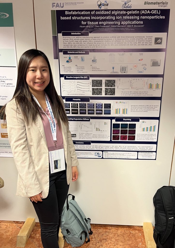 Congratulations👏to Hsuan-Heng @HHLu_tw for presenting a very nice poster @ESBiomaterials @ESB2023 Conference in Davos🇨🇭this week on composite bioinks for #biofabrication. Excellent collaboration @Boccaccini_Lab @UniFAU with colleagues at @dfg_public funded @SFB_TRR225 SFB/TRR.