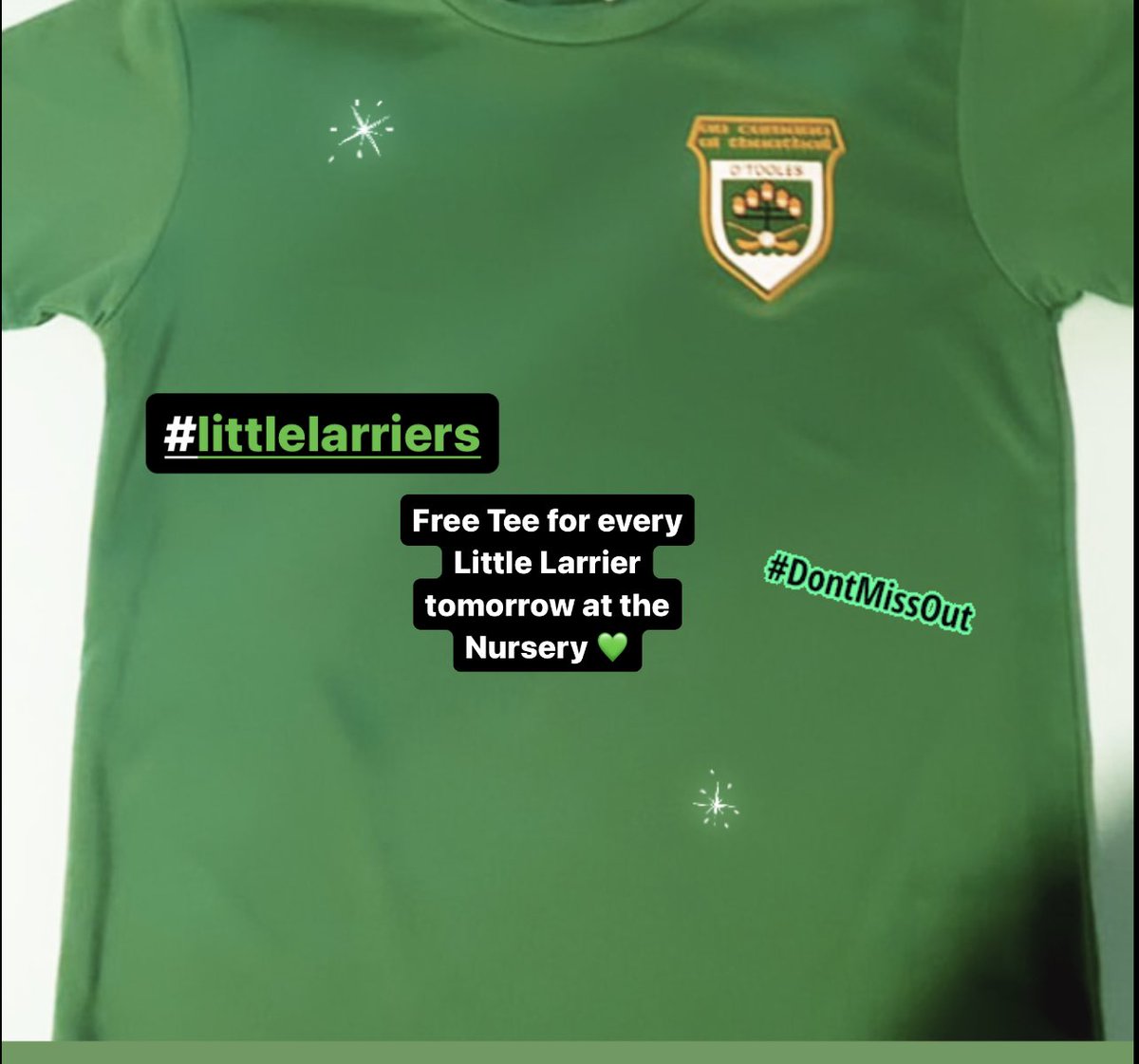 OTooles_GAC's tweet photo. Friday Reminder - Set your alarm ⏰ little larriers we have a very special Saturday at our Little Larriers Nursery this week. It’s gift time for our little GAA Players , every little Larrier will receive a free Tee-Shirt this Saturday. So don’t miss out 🙌 see you all tomorrow 💚 https://t.co/QSw6a8qw5n
