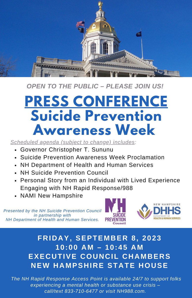 TODAY!  Friday, September 8th, 10 AM
Press Conference for Suicide Prevention Awareness Week
New Hampshire State House
All are welcome!