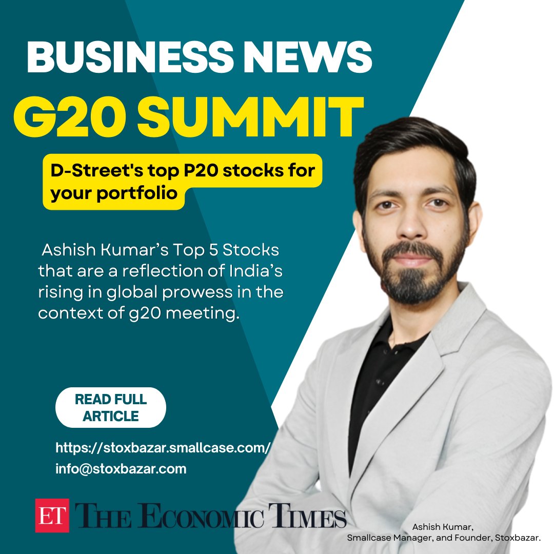 stoxbazar's tweet photo. As the world comes to India for G20 summit, here are D-Street's top P20 stocks for your portfolio

#Economicstime #G20India2023 #G20SummitDelhi #stockmarkets #toppicks #RelianceIndustries #RelianceIndustries 

https://t.co/VYwMNmpZkP
Read More: https://t.co/VvEs6gPpPi https://t.co/aLKrPoZ8hX