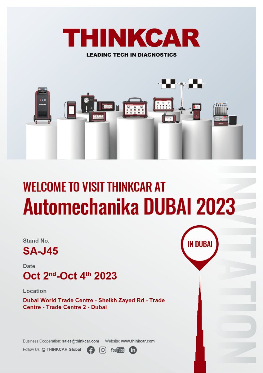ObdThinkcar's tweet photo. Next Station: Dubai!!
Welcome to visit THINKCAR at Automechanika DUBAI 2023!
Date: Oct 2nd-4th, 2023
Stand: SA-J45
#thinkcardubai
#thinkcarglobalshow
#thinkcar https://t.co/UOfX6hI4KS