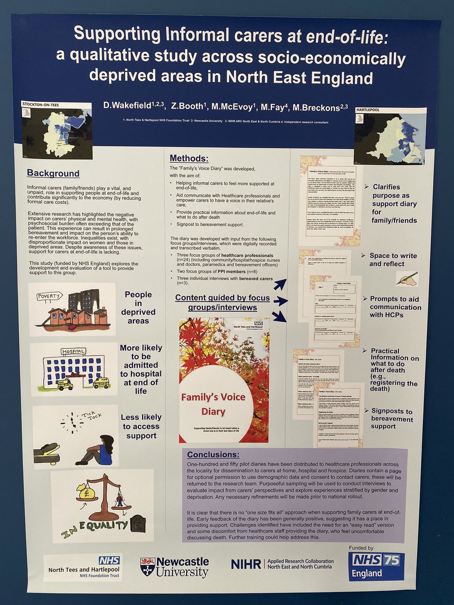 Really disappointed that I am missing #SSM2023 today due to illness 🫁😰 Worked really hard on this poster so thought I’d share it from home! 🏡 ⬇️ Our NHS England funded #research on developing a support tool for informal carers at end of life 📔✍️ @MattBreckons @TVRAResearch