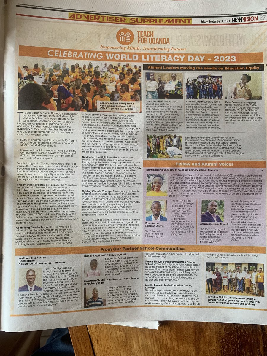 Kassaga4UG's tweet photo. Great news 🗞️ friends, champions &amp; partners of @TEACH4UG we’re honored to be featured on pg.27 of the nation’s @newvisionwire showcasing our #impact on communities, children 👦🏽👧🏽 &amp; youth across #Uganda. Couldn’t do it w/o you &amp; our board @Comrade_Otoa @PheonaWall @IvanWomala https://t.co/YnpI1jHhoB