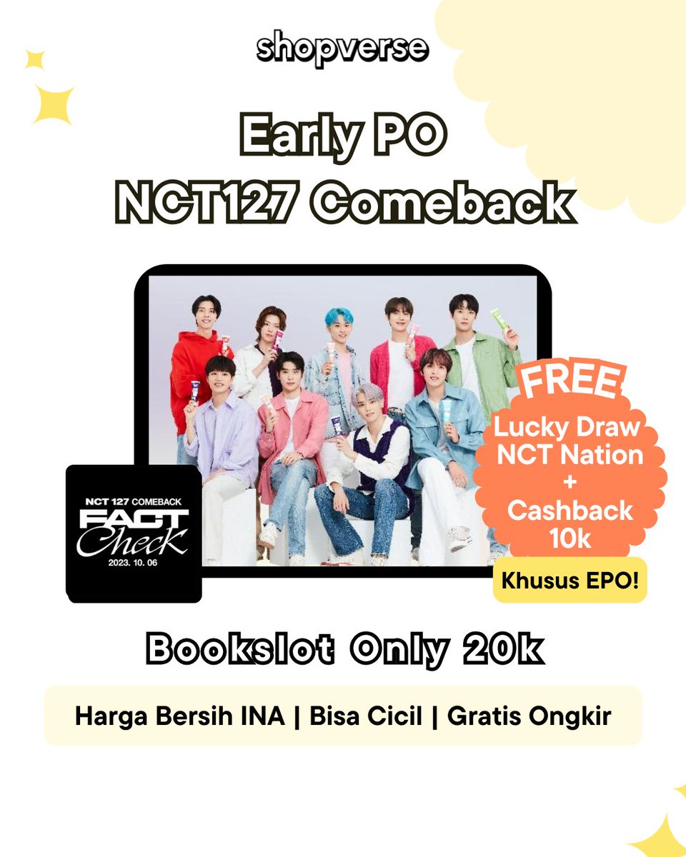 [EARLY PO] NCT127 COMEBACK - [Fact Check] 10.06.23

Bookslot ✨20k

Spesial Pembeli EPO akan mendapat:
💸Cashback 10k (Semua Dapat, Tanpa Syarat)
😋FREE Lucky Draw NCT Nation (Undian 10 Pembeli EPO Beruntung)

🛒 CO via WEB 👉 shopverse.id/products/143323

🤑 Harga termurah / DP 25% /