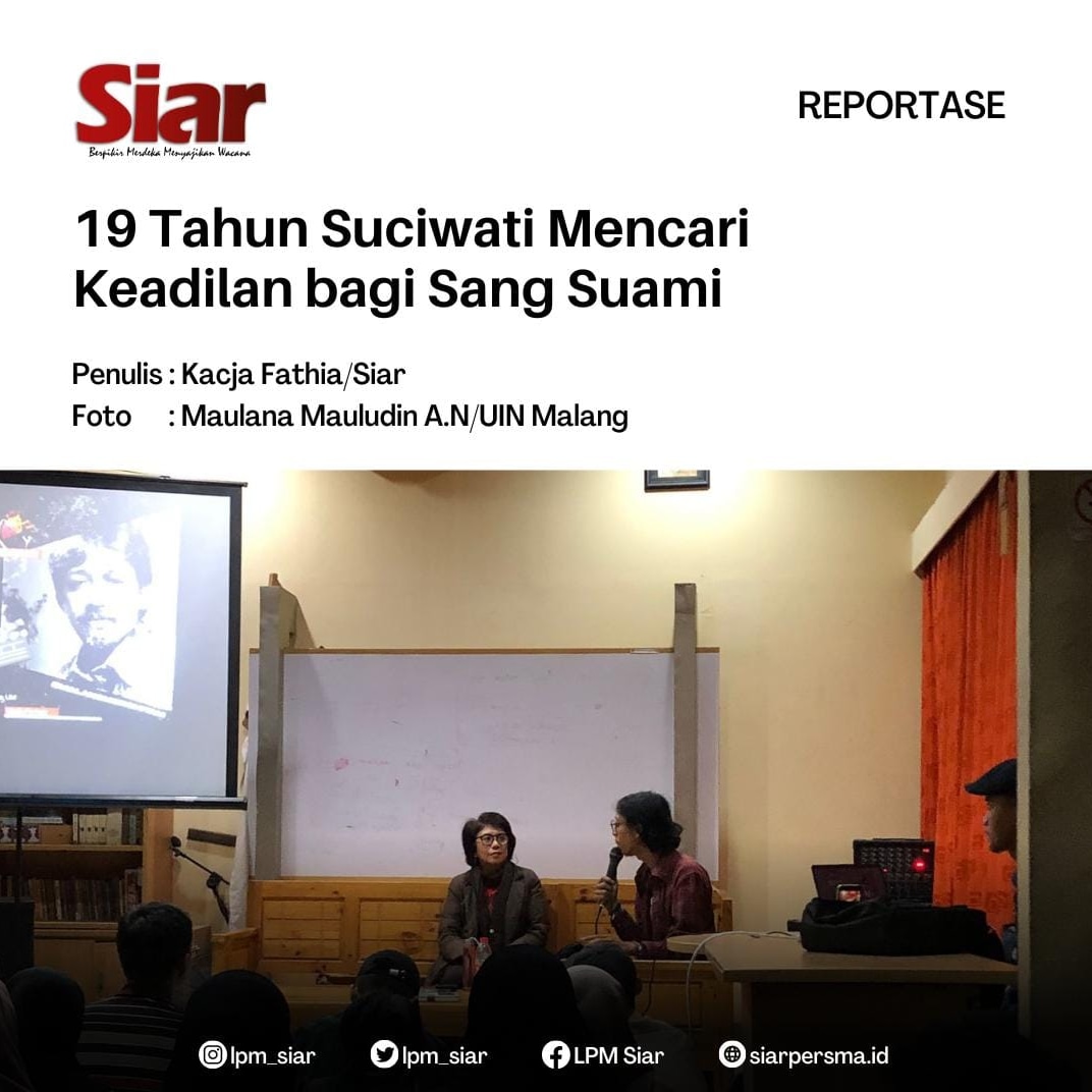 lpm_siar's tweet photo. REPORTASE]

"19 Tahun Suciwati Mencari Keadilan bagi Sang Suami"

Malam itu (5/9), di sebuah diskusi, seorang perempuan telah menceritakan kembali kisah perjuangannya yang tanpa henti mencari keadilan bagi sang suami. 
selengkapnya di
 https://t.co/JJGWIgdPlz

#siarinaja https://t.co/8A7gIXUdT7