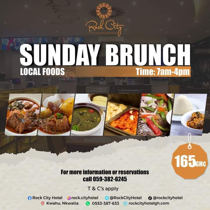 RockCityHotel's tweet photo. Mark your calendar for a Sunday Brunch that promises to be more than just a meal โ it's a celebration of taste, style, and smiles.
โ๏ธ: 059-3826245/ 055-3387633
#RockCityhotel
#TheUltimateDestination
#RockCityExperience #WeekendGetaway #exploreghana #kwahu #weekendstay #brunch https://t.co/NGwPSLvYOQ