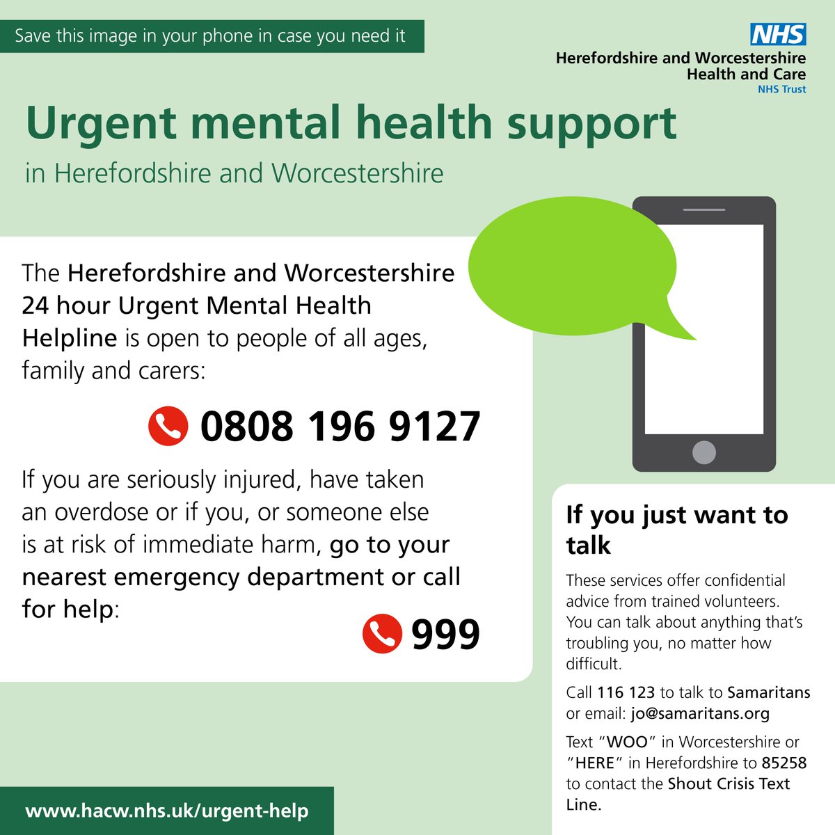 If you’re struggling with your mental health, there is lots of support available.

Save this image to your phone so you’ll always have the information you need, when you need it most.