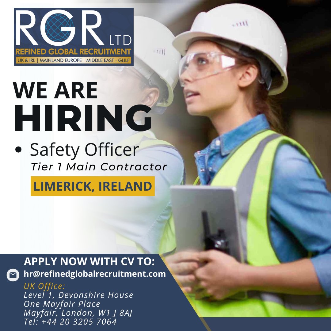 🔹 RGR - NEW ROLE 🔹Limerick, Ireland

RGR client is seeking an experienced:
◼ PSafety Officer
Tier 1 Main Contractor

Excellent packages on offer! Apply now!!
💻 Email CV in confidence to hr@refinedglobalrecruitment.com
📞 Call 00 44 20320 57064

#SafetyOfficer
#SafetyJobs
