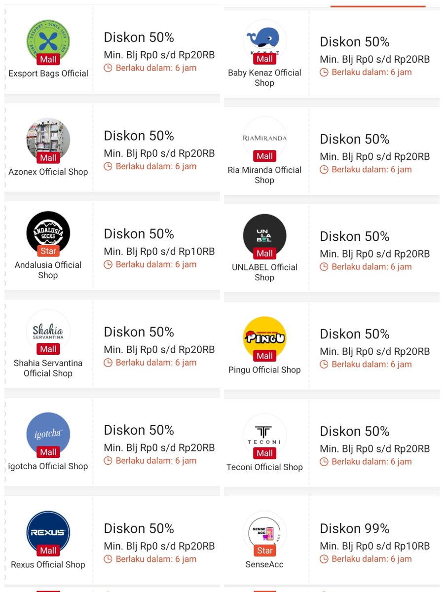 Kumpulan Beberapa Toko diskon 50% s/d 20rb | Shopee

*Dapat digunakan Pukul 00:00, 9 September
*Dapat digabung dengan kode Influencer diskon 99% s/d 10rb
*Sudah dapat di Klaim dihalaman Toko atau disini (refresh sampe semua voucher terClaim)
shope.ee/4pnHV55xGj