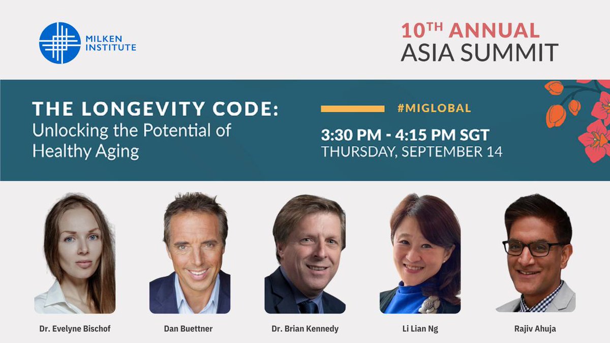Excited to join the @MilkenInstitute Asia Summit 2023 panel 'The Longevity Code: Unlocking the Potential of Healthy Aging' with experts @thedanbuettner (@BlueZones), @BKennedy_aging and Li Lian Ng, moderated by @rajahujaHQ. More info: milkeninstitute.org/events/asia-su… #longevitymedicine