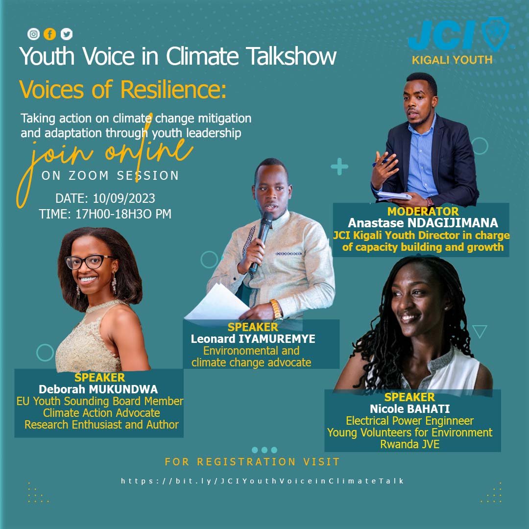 ndanastase's tweet photo. Join me as I moderate 'Voice of Resilience' talk show hosted by #JCIKigaliYouth. Let's amplify young change-makers &amp;climate advocates shaping our planet's future. Be part of the solution🟢🌿.
#Resister here: https://t.co/MGURvFve61

 #ClimateActionNow #YouthLeadership #Resilience https://t.co/rdVZWGkwQz