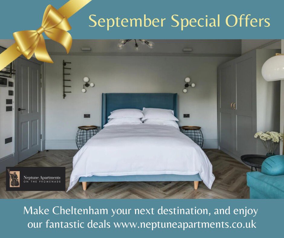 Discover #Cheltenham's charm with our #SpecialOffers! Enjoy 25% off for more extended stays and fantastic #September deals. Plus, get 25% off your dining experience at @memsahibgin Book your Cheltenham #getaway today at neptuneapartments.co.uk ✨