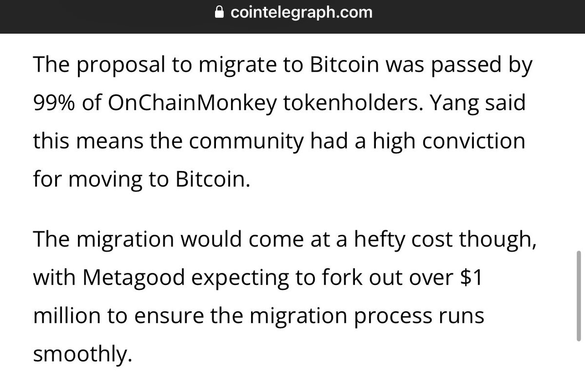 .<a href="/OnChainMonkey/">OnChainMonkey®</a> just approved $1M to migrate their genesis NFTs from Ethereum to Bitcoin Ordinals

It was approved by 99% of their tokenholders

That’s how bullish they are on Bitcoin’s durability and long-term value

Let that sink in