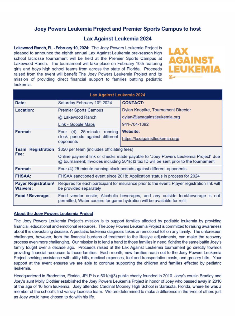 Tampa Lax Report (@tampalaxreport) on Twitter photo Joey Powers Leukemia Project hosting 8th Annual
Lax Against Leukemia Event
Saturday February 10th
Really great event!
Save the date.
<a href="/FloridaLX/">FloridaLacrosseNews</a>
<a href="/TampaLacrosse/">Tampa Lacrosse</a> Joey Powers Leukemia Project hosting 8th Annual
Lax Against Leukemia Event
Saturday February 10th
Really great event!
Save the date.
<a href="/FloridaLX/">FloridaLacrosseNews</a>
<a href="/TampaLacrosse/">Tampa Lacrosse</a>