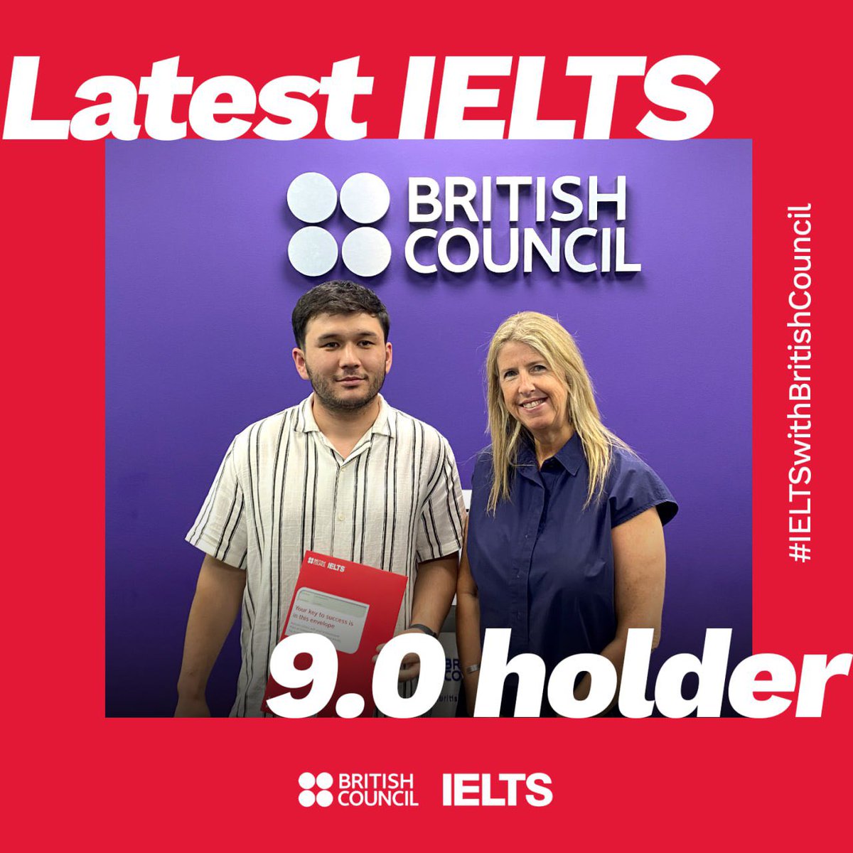 DeniseWBC's tweet photo. Good to meet Diyorbek yesterday when he came into @BritishCouncil #Uzbekistan to collect his @takeielts certificate. What an achievement! 🎉 Gaining the top mark is seriously impressive. https://t.co/KeAZPSSrOg