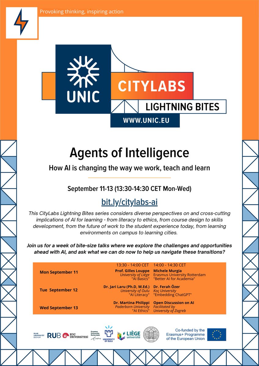 Verpasse nicht die <a href="/UNIC_EU/">UNIC</a> CityLab Lightning Bites zu "Agents of Intelligence" vom 11-13.09.
Treffe internationale Experten zu AI in unserem neuen Onlineformat!
Infos und Anmeldung unter: bit.ly/citylabs-ai