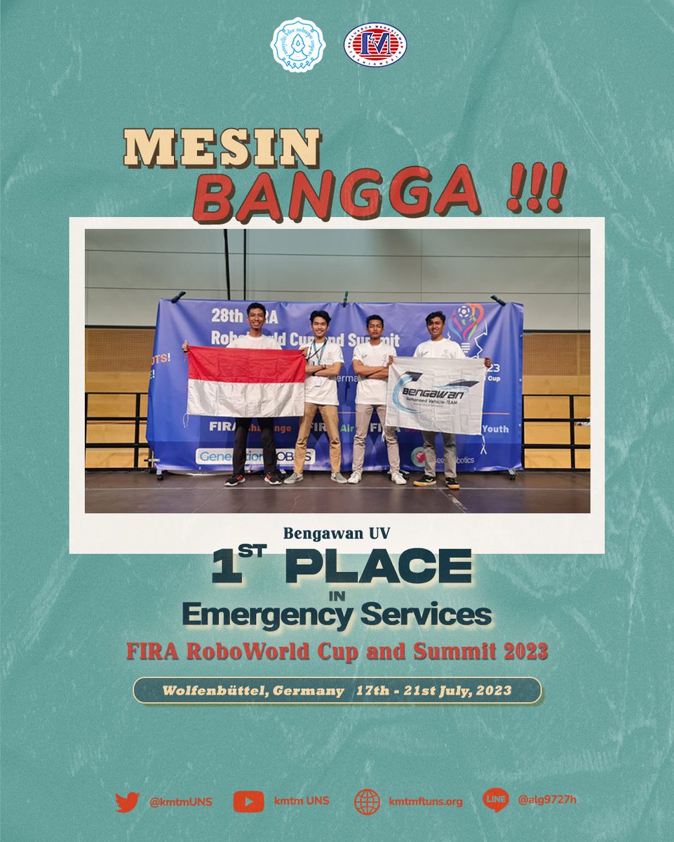 [MESIN BANGGA]

Bagaimana hasil perlombaan Bengawan UV di ajang FIRA Roboworld Cup dan Summit 2023 di Wolfenbuttel, Jerman pada 17-21 Juli 2023? 

Cek informasi selengkapnya di link berikut!
instagram.com/p/CvMyg4gvsh6/…