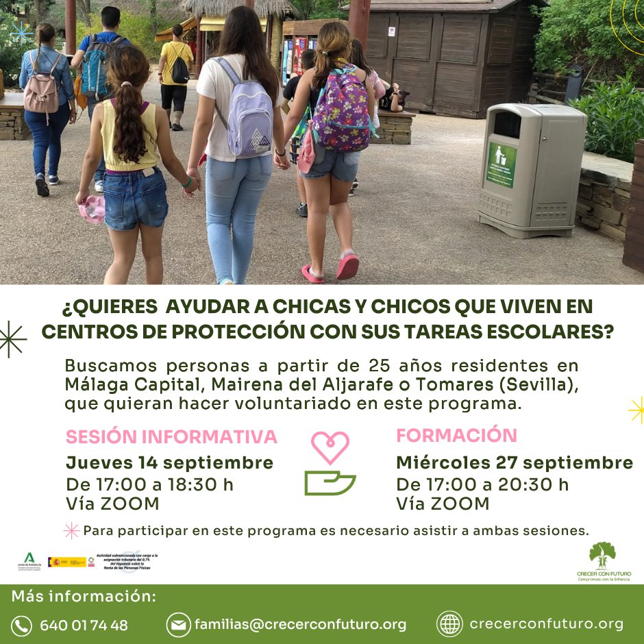 ¿Quieres ayudar a #menores en acogimiento residencial con su #VueltaAlCole?🎒

En #CrecerConFuturo necesitamos personas para hacer #voluntariado en el área de apoyo escolar: 
🟢2 plazas en #Málaga, 3 en #MairenaDelAljarafe y 1 en #Tomares, #Sevilla.

➡️crecerconfuturo.org/proyecto-volun…