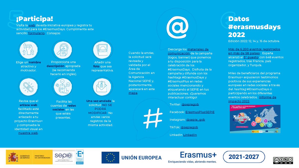 #ErasmusDays visibiliza el programa #ErasmusPlus como motor de impulso y desarrollo que une diferentes países en torno a unos valores y metas comunes.
Te animamos a organizar y registrar tu actividad. 
📑erasmusdays.eu