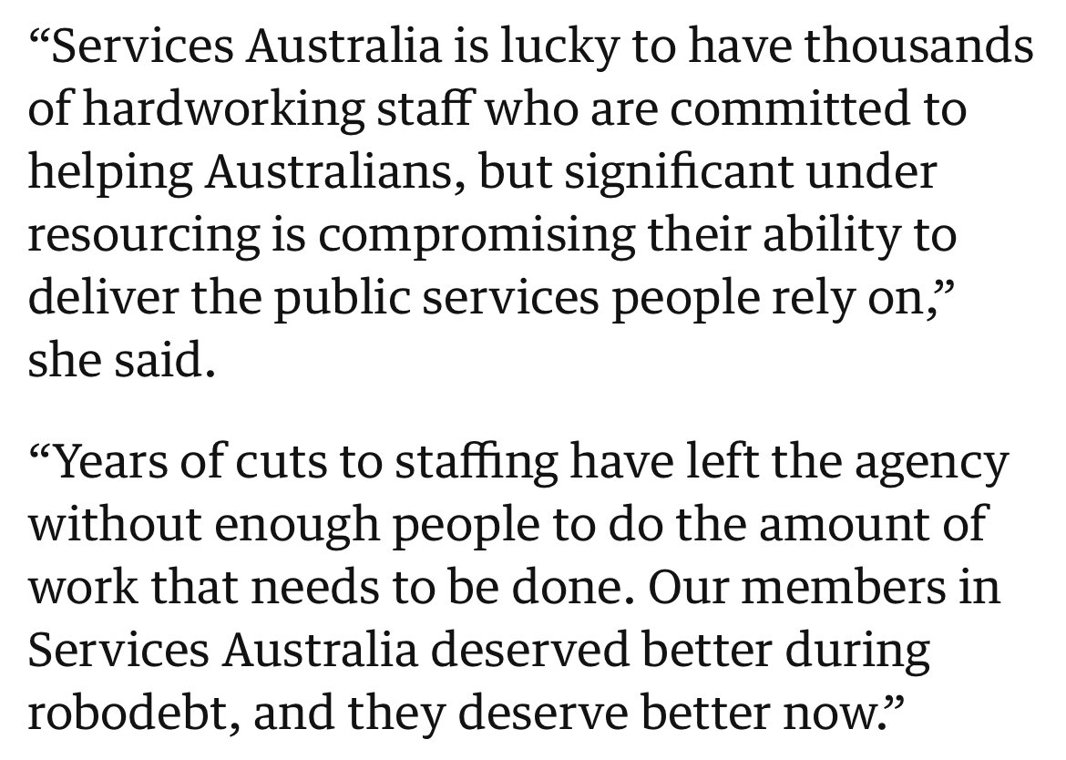 Great quotes by @CPSUnion National Secretary @DonnellyMel in @GuardianAus Personally, I’m so proud of the members in Services Australia who fought for their clients against #robodebt. And Mel is 100% correct - they deserved better then & they deserve better now, @billshortenmp!