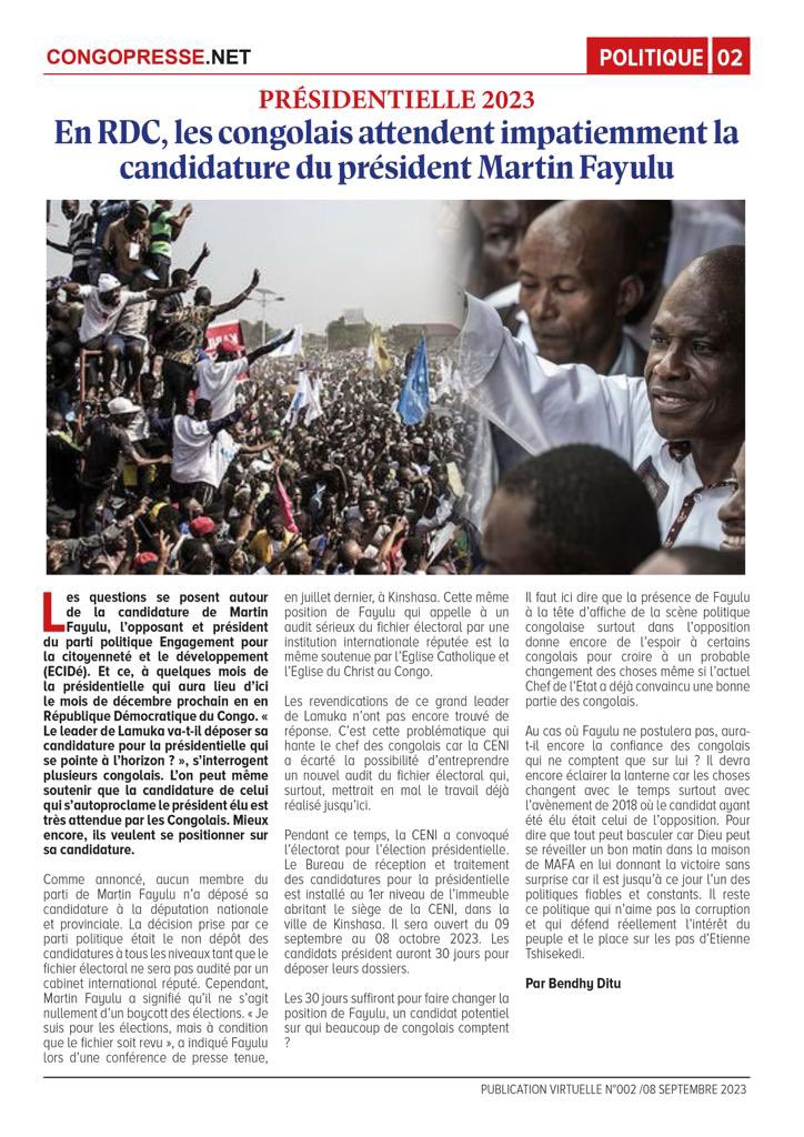 JeanmarcKabunda's tweet photo. CONGO PRESSE: PRÉSIDENTIELLE 2023

« En RDC, les congolais attendent impatiemment la candidature du président Martin Fayulu. » https://t.co/ZD1E2Wdbw8