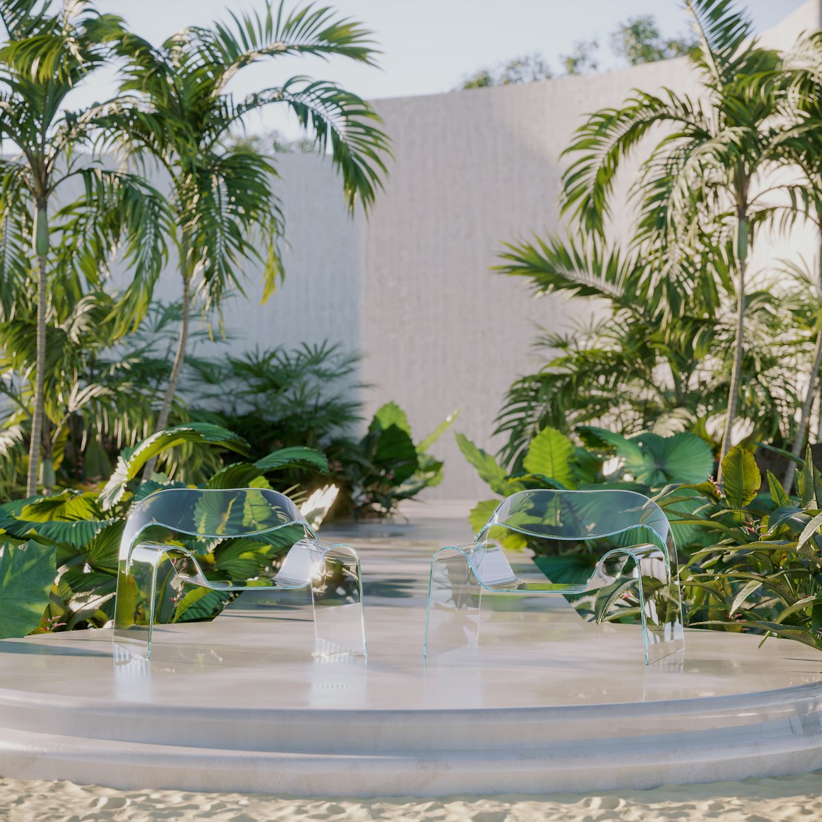 CoronaRenderer's tweet photo. Something different for Friday—When in paradise, take a seat in the sleek Ghost Chair from FIAM Italia, presented in a slightly surreal tropical environment presented in beautiful detail by the team at Imminent Studio using #ChaosCorona for C4D. See more: https://t.co/RJJNDfxbn1 https://t.co/as54XhFRSU
