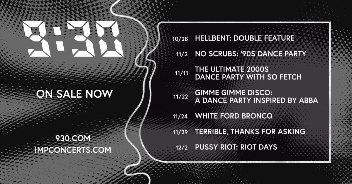 ON SALE NOW: HellBent: Double Feature, No Scrubs: '90s Dance Party, The Ultimate 2000s Dance party with @sofetchband & @djBlakberri, @gimmegimmedisco, @whitefordbronco, @ttfapodcast, & @PussyRiot 🎟️: 930.com