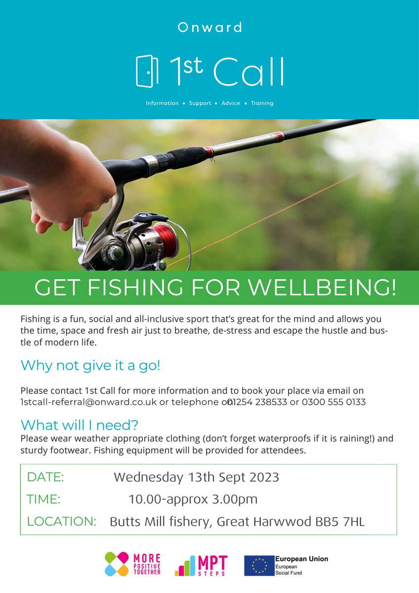 Its always important to take care of your mental wellbeing. One of our delivery partners 1st Call Accrington are here to support you with yours by hosting 'Fishing for Wellbeing' Sessions! 🎣 
If you are interested then please see below for details of how you can book on!