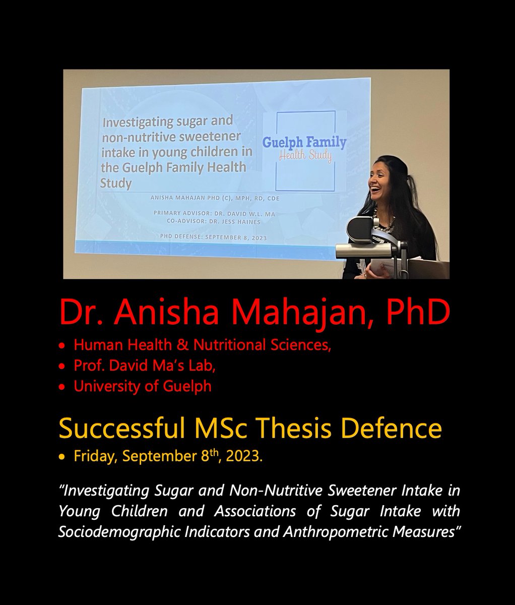HHNS at UofG (@uofg_hhns) on Twitter photo 🍾CONGRATULATIONS DR. MAHAJAN!👍
📢Anisha Mahajan, PhD, Successfully Defended Her Thesis!
🍬Sugar & Non-Nutritive Sweetener Intake in Young Children
🗓️Fri Sep 8, 2023
📌<a href="/UofG_HHNS/">HHNS at UofG</a>!
🥼davidmalab.com <a href="/healthstudy/">Guelph Family Health Study</a>!
🏛️#UofG #UofGCBS <a href="/UofGResearch/">UofGResearch</a>
🎓#PhDGrad #WomenInScience 🍾CONGRATULATIONS DR. MAHAJAN!👍
📢Anisha Mahajan, PhD, Successfully Defended Her Thesis!
🍬Sugar & Non-Nutritive Sweetener Intake in Young Children
🗓️Fri Sep 8, 2023
📌<a href="/UofG_HHNS/">HHNS at UofG</a>!
🥼davidmalab.com <a href="/healthstudy/">Guelph Family Health Study</a>!
🏛️#UofG #UofGCBS <a href="/UofGResearch/">UofGResearch</a>
🎓#PhDGrad #WomenInScience