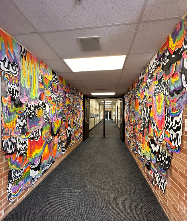 D54CampiArt's tweet image. Campanelli&apos;s Jen Stark-inspired school-wide mural is in progress and looking great so far! Every student got to make their own piece for the mural! We learned unity as a principle of art, and talked about how the mural unifies us as a school! Great job, Campi! #WeAre54 #SD54Art