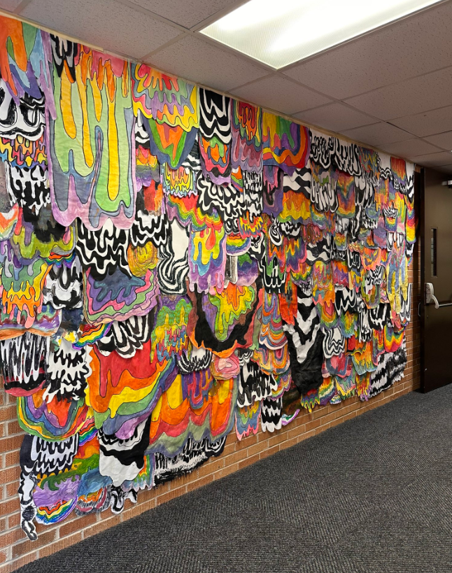 D54CampiArt's tweet image. Campanelli&apos;s Jen Stark-inspired school-wide mural is in progress and looking great so far! Every student got to make their own piece for the mural! We learned unity as a principle of art, and talked about how the mural unifies us as a school! Great job, Campi! #WeAre54 #SD54Art