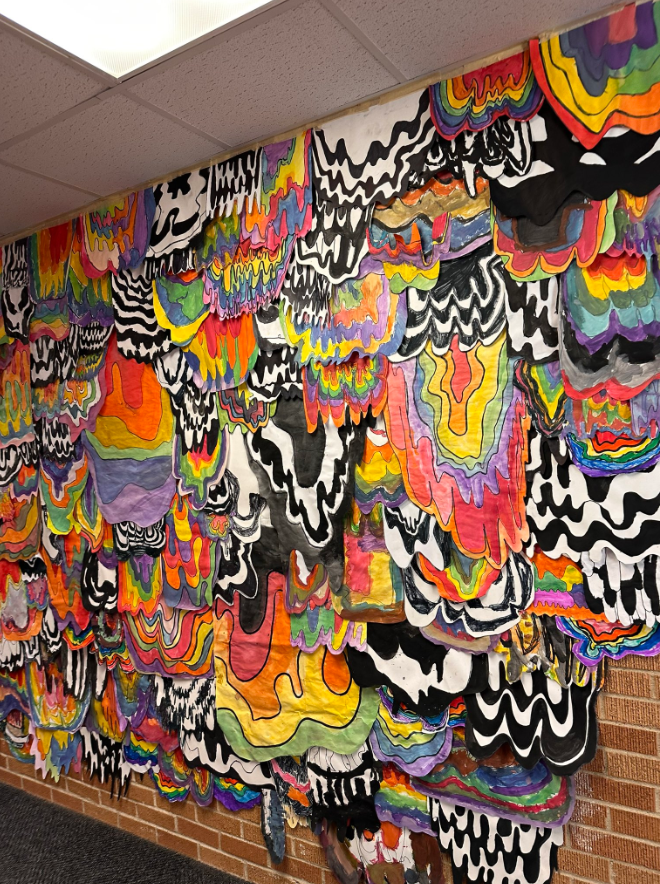 D54CampiArt's tweet image. Campanelli&apos;s Jen Stark-inspired school-wide mural is in progress and looking great so far! Every student got to make their own piece for the mural! We learned unity as a principle of art, and talked about how the mural unifies us as a school! Great job, Campi! #WeAre54 #SD54Art