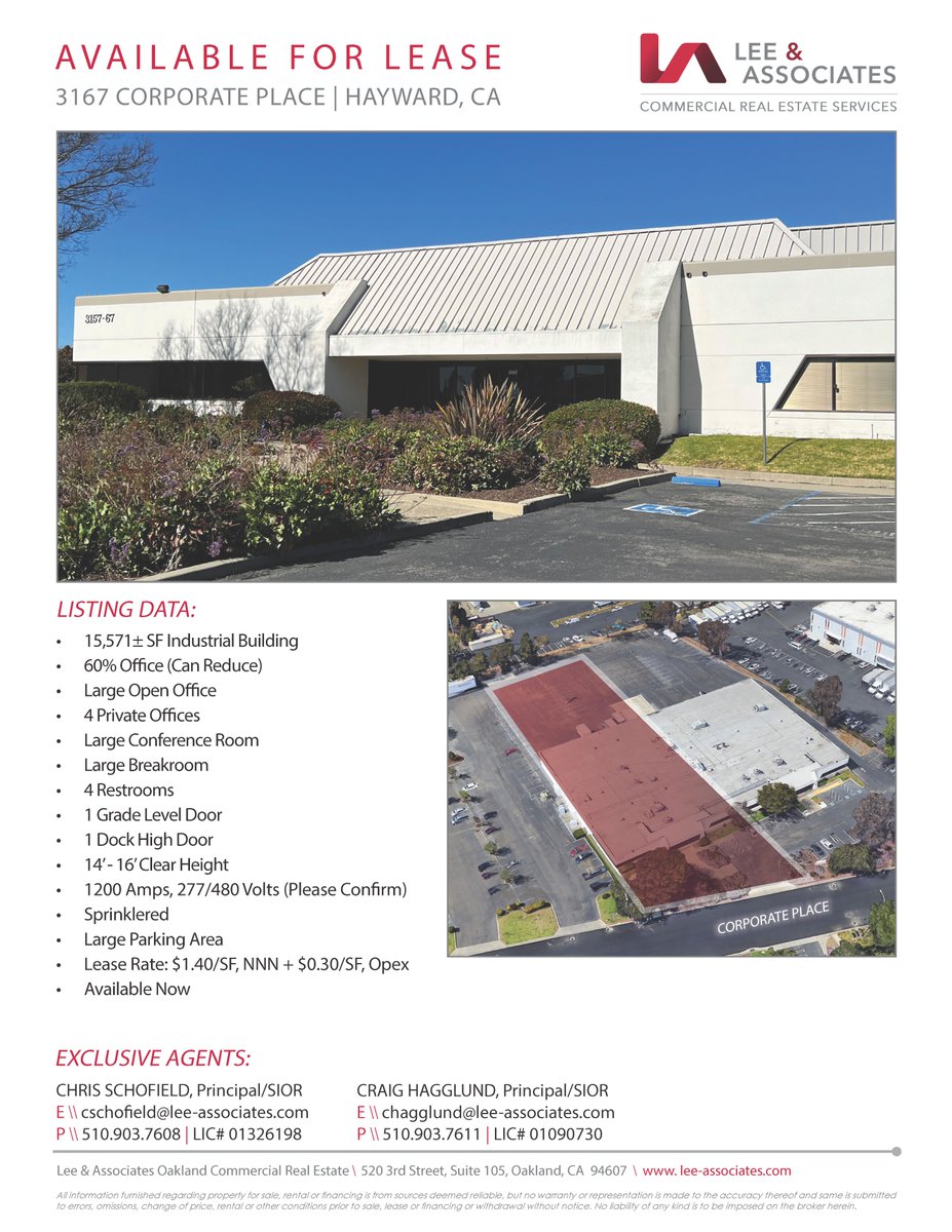 Available Now: 3167 Corporate Place in Hayward is available for  lease! 15,571±SF industrial building with large open office area, grade  level door &amp; large parking area-contact Chris Schofield or Craig Hagglund, SIOR for more details &amp; to set up a tour #CRE #hayward #leeoakland