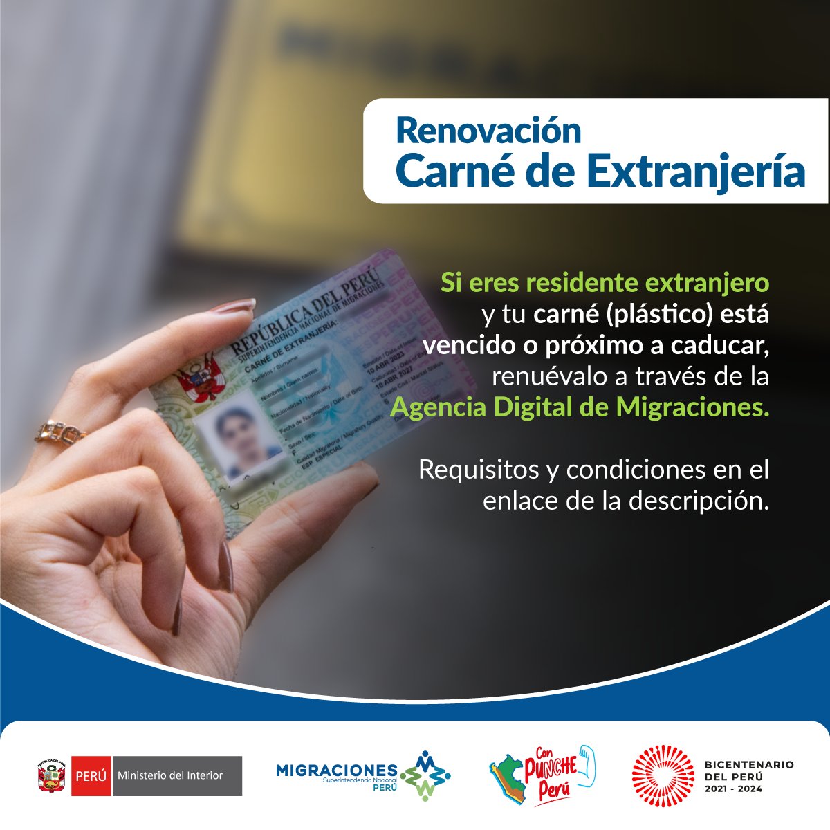 MigracionesPe's tweet photo. #MigracionesPerú | Residente extranjero, si necesitas renovar tu carné de extranjería por caducidad, hazlo a través de la Agencia Digital de #MigracionesPerú.

Requisitos ➡️ https://t.co/410UxXbK0K https://t.co/OMdlh2FbzI