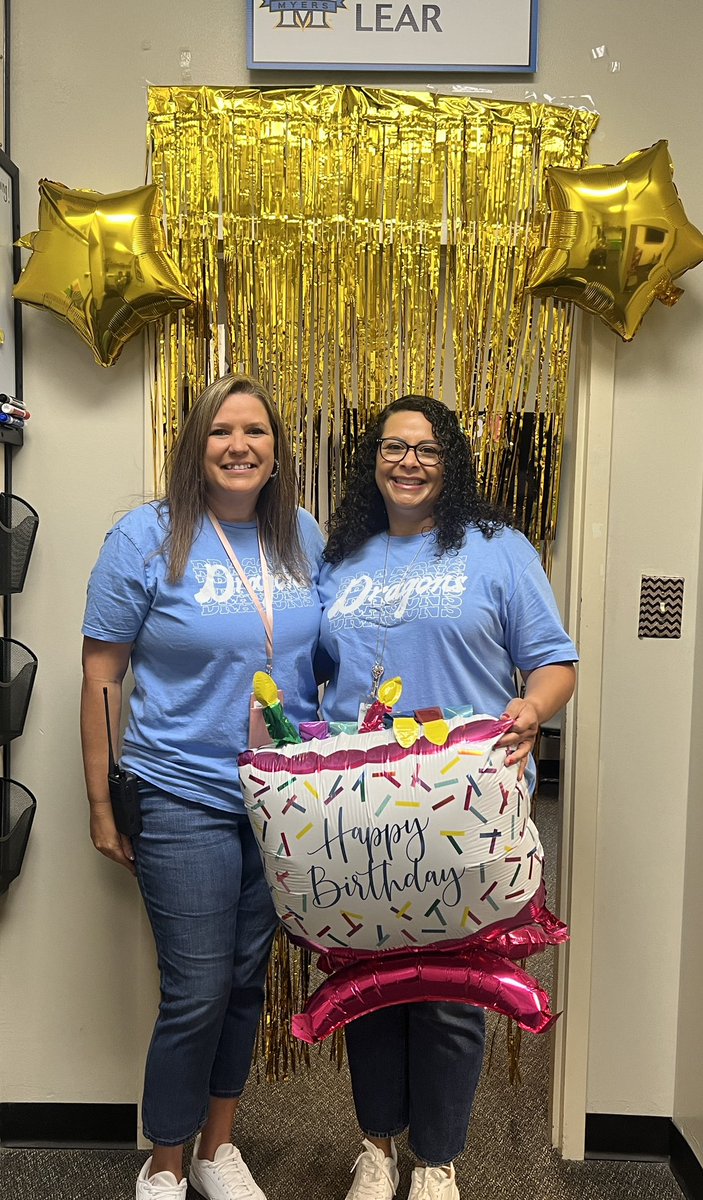 myerselementary's tweet photo. Today, we are celebrating our amazing principal Mrs. Lear! We wish you a wonderful birthday tomorrow! #dresslikemrslearday #DragonPride https://t.co/BW2MGHikeR