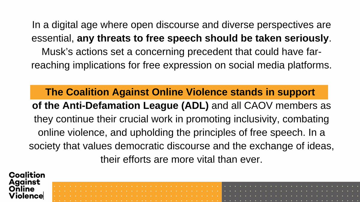 TheCAOV's tweet photo. The Coalition Against Online Violence (@TheCAOV) stands in solidarity with our member, the Anti-Defamation League (@ADL) amidst Elon Muskโs recent attempts to stifle criticism and censor voices of dissent online.
#SupportADL #FreeSpeech https://t.co/nnzupD2kc3