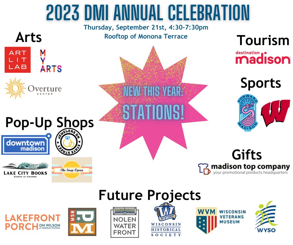 Join us at the 2023 DMI Annual Celebration on Thursday, 9/21 from 4:30-7:30pm on the rooftop of Monona Terrace Community and Convention Center! Enjoy networking, Activity Stations, food &amp; beverages and a celebration of downtown! Register here: downtownmadison.org/event/2023-dmi…. #DMI