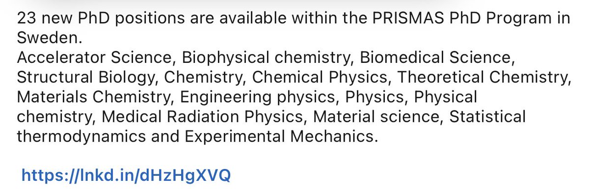 MSRULZS's tweet photo. 23 #PhDjobs positions are available within the #PRISMAS #PhD Program in #Sweden.
#AcceleratorScience, #Biophysicalchemistry, #BiomedicalScience, #Structural #Biology, Chemistry, #ChemicalPhysics, #TheoreticalChemistry, #MaterialsChemistry, #Engineering #Physics https://t.co/Nbh5Y3hdAQ