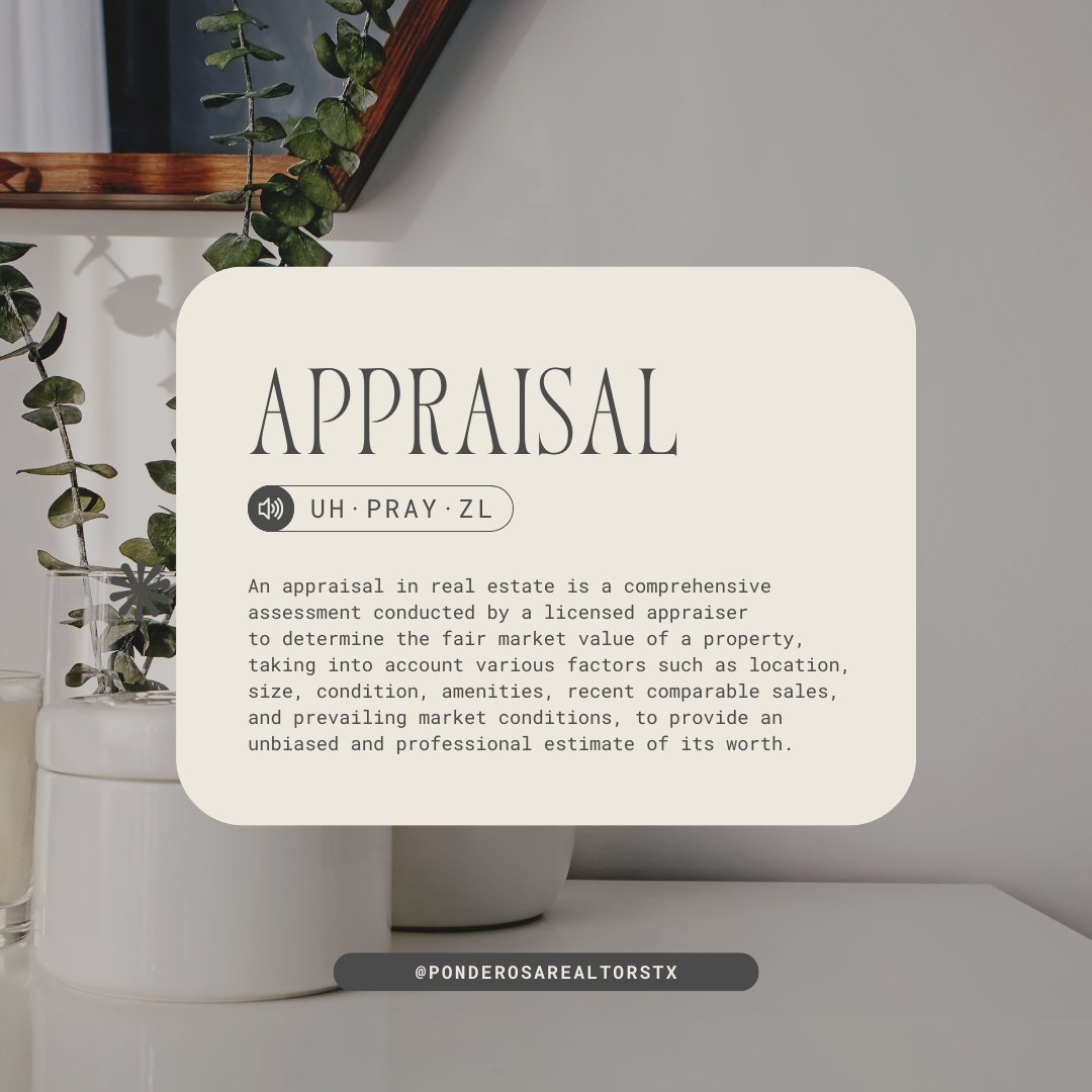 This weeks word is #appraisal! Choose a realtor who will make terms and jargon crystal clear for you! 

#dailyword #realestatejargon #dfwrealtor #dfwrealestate #dfwrealtors #fortworthlocal