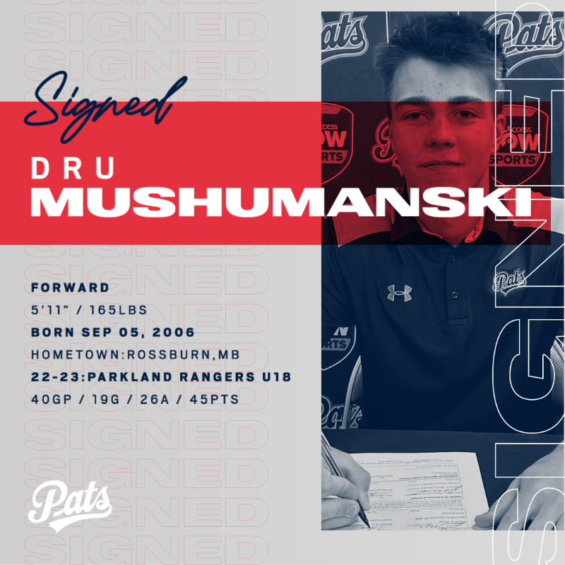 WHLPats's tweet photo. The Regina Pats Hockey Club is pleased to announce the signings of Dru Mushumanski, Fenton Mann &amp; Jett Deschamps!

Welcome to Regina, boys!!!

#Ignite | @TheWHL 

For more info, click below👇